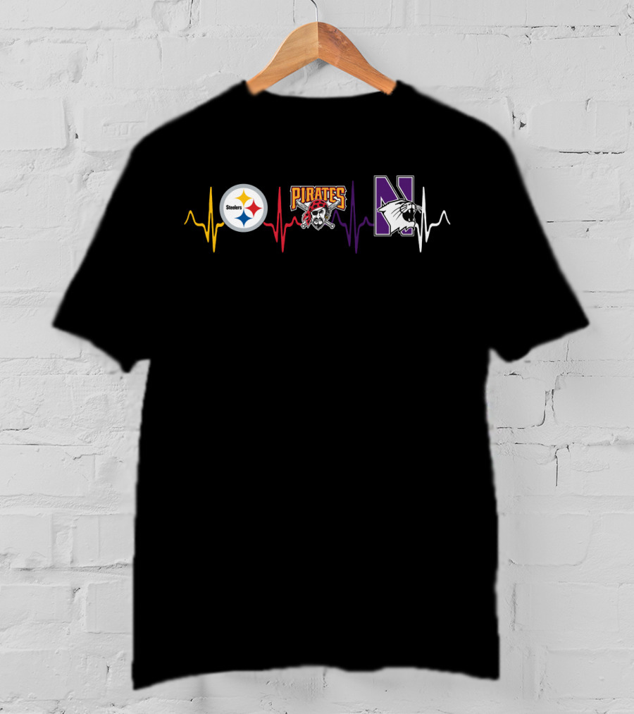 Steelers Pirates Northwestern Wildcats Heartbeat Icons T-Shirt