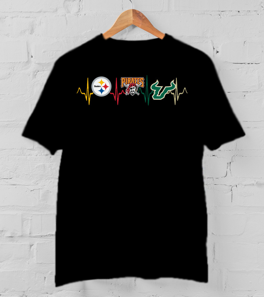 Steelers Pirates Usf Bulls Heartbeat Love Sfb T-Shirt