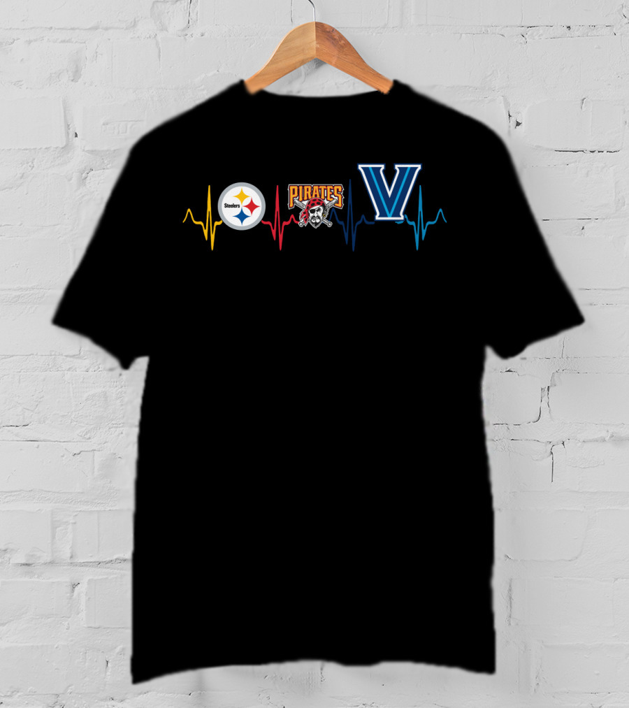 Steelers Logo Pirates Logo Villanova Heartbeat T-Shirt