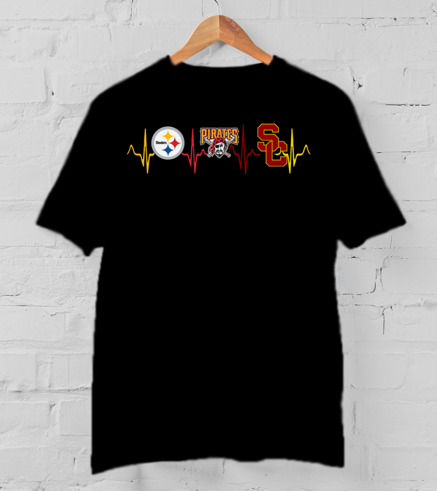 Steelers Pirates Usc Trojans Heartbeat Logos T-Shirt