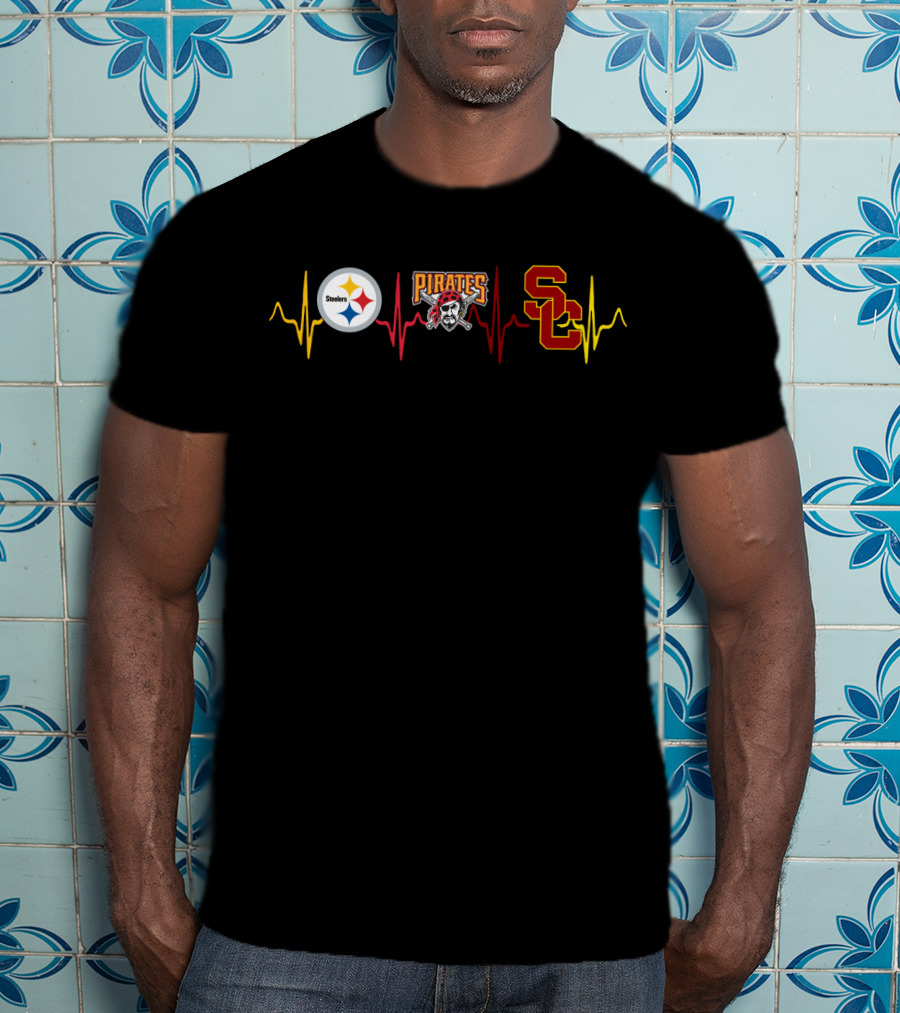 Steelers Pirates Usc Trojans Heartbeat Logos T-Shirt