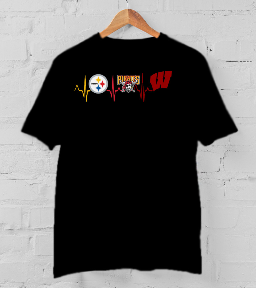 Pittsburgh Steelers And Pirates Fans With Wisconsin Pride Heartbeat T-Shirt