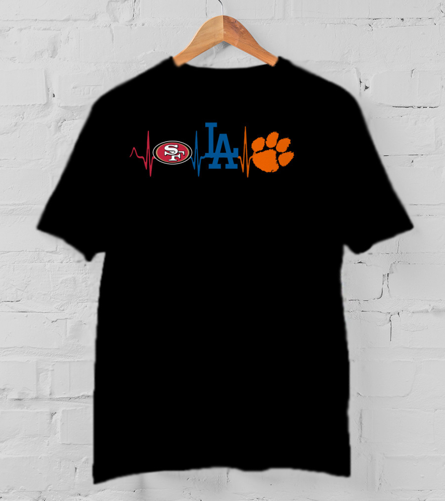 Love 49ers Dodgers La Tiger Paw Heartbeat T-Shirt