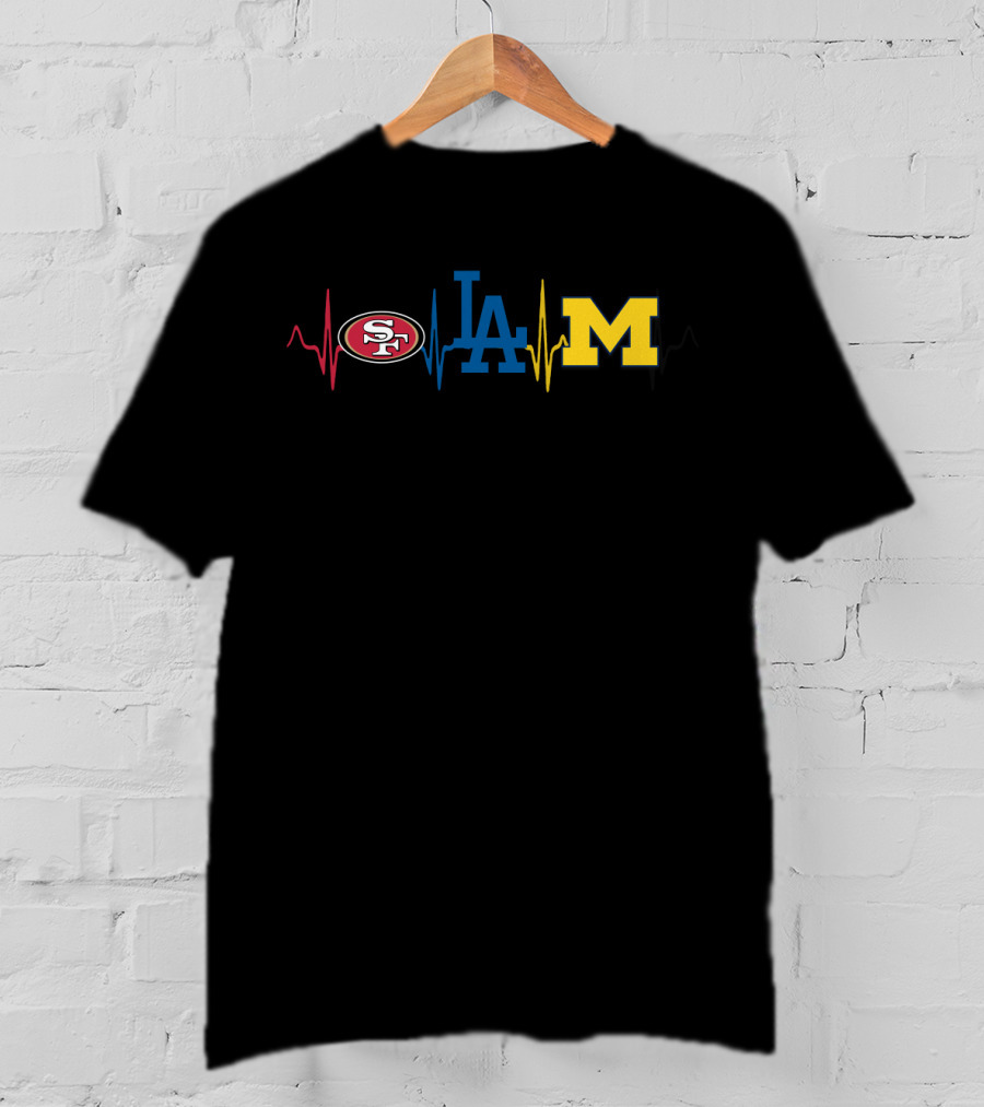 Love 49ers Dodgers Michigan Wolverines Logos Heartbeat T-Shirt