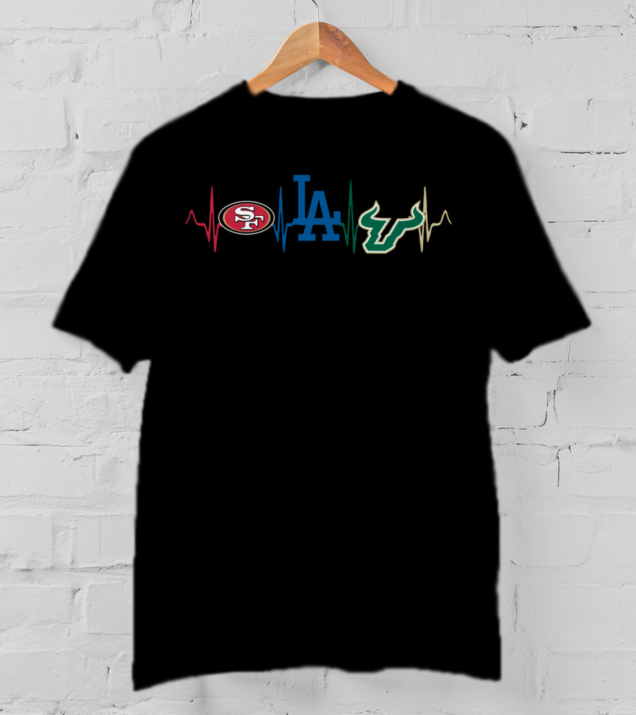 Love 49ers With Dodgers With Sfb Heartbeat Logos T-Shirt