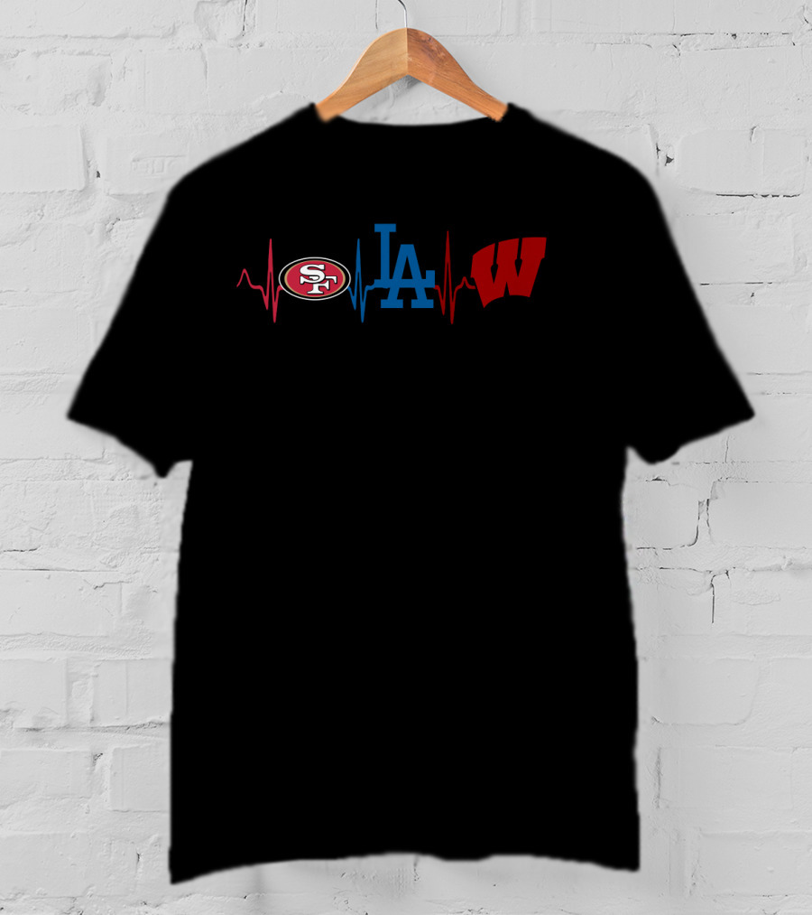 Love 49ers Dodgers La Wisconsin Badgers Heartbeat T-Shirt