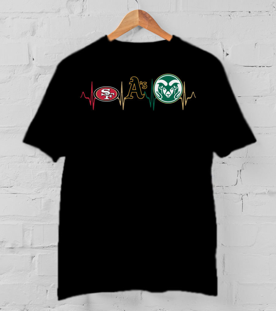 49ers Heartbeat With Athletics And Rams Logos T-Shirt