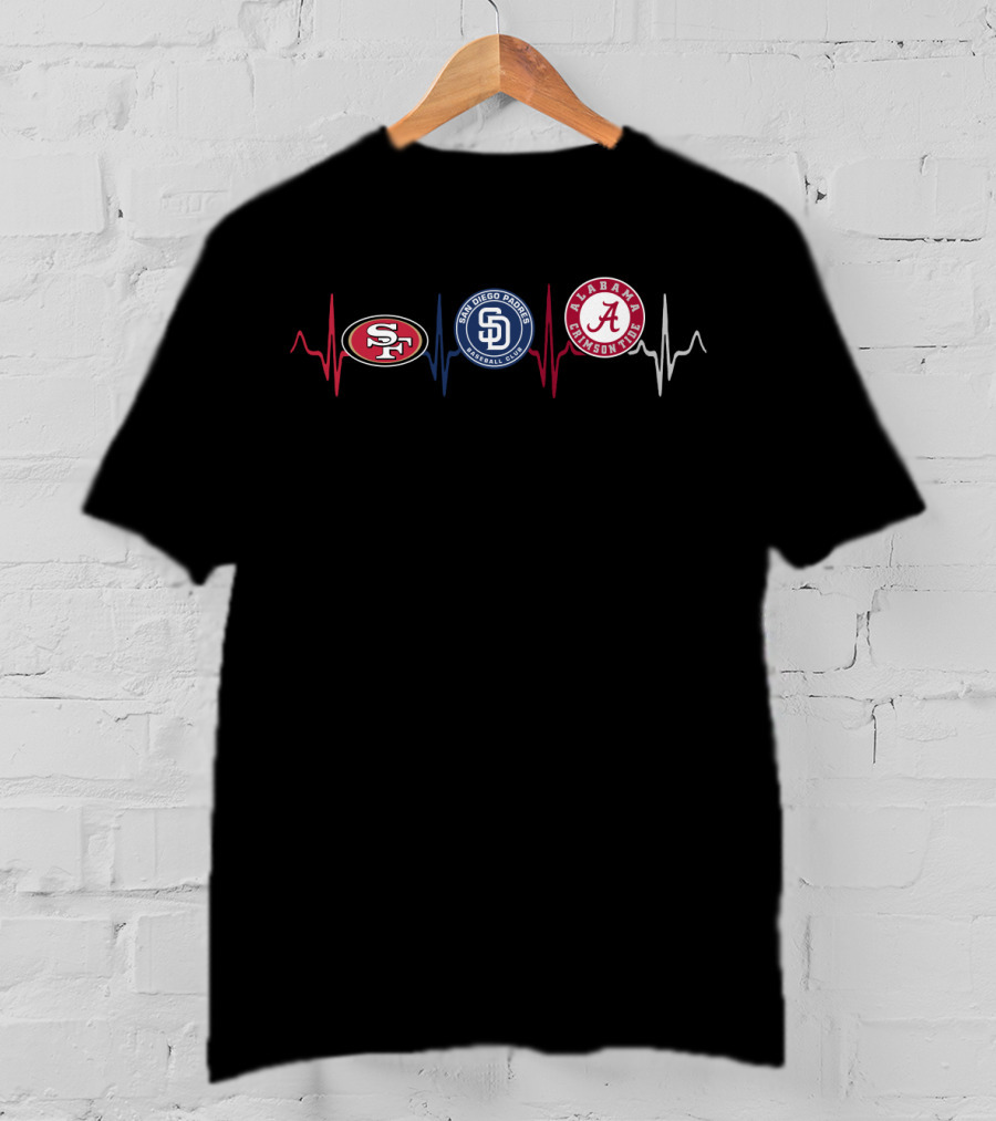 Love 49ers San Diego Padres Alabama Crimson Tide Heartbeat T-Shirt