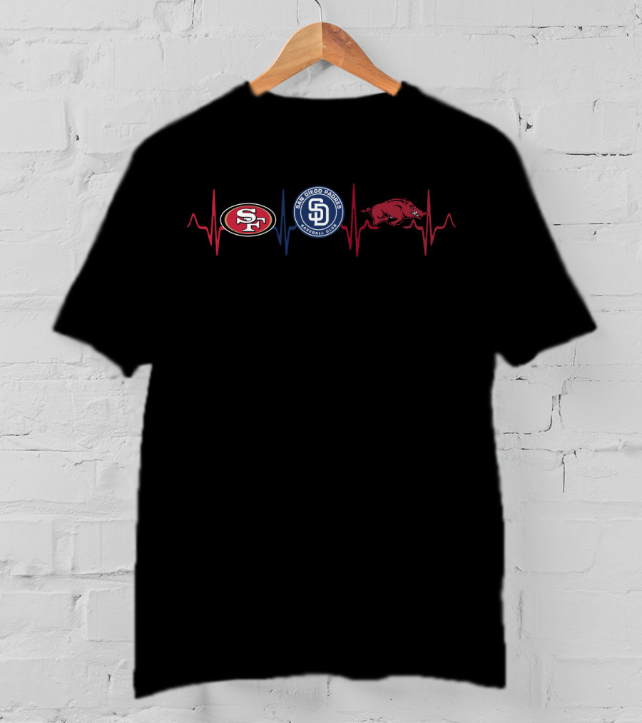 San Francisco 49ers San Diego Padres Arkansas Razorbacks Heartbeat T-Shirt
