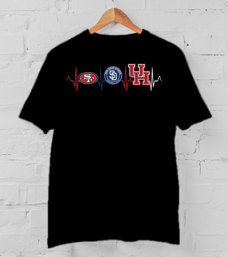 Love San Francisco 49ers San Diego Padres University Of Houston With Heartbeat Ecg T-Shirt