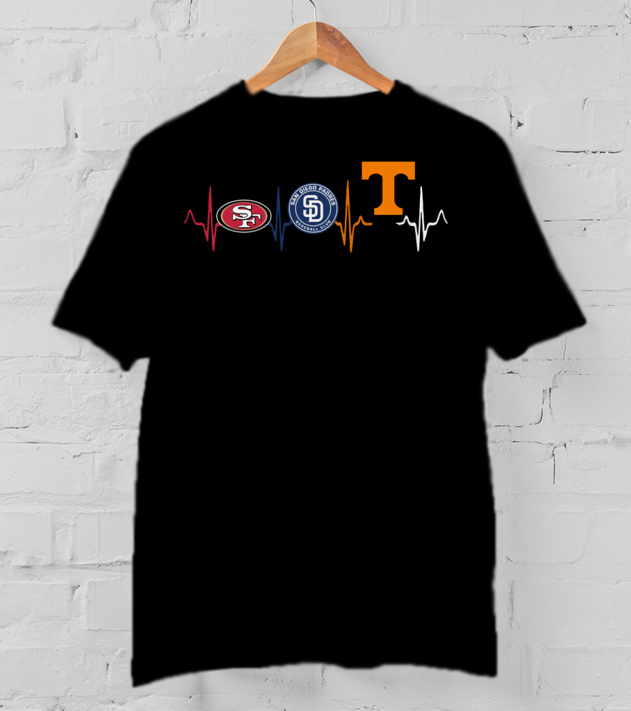 Love 49ers Padres Tennessee Volunteers Heartbeat T-Shirt