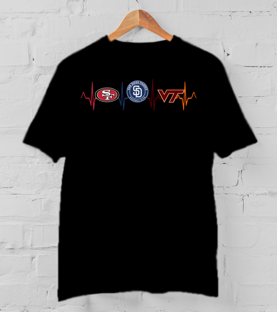Love 49ers Padres San Diego Vt Hokies Vth Heartbeat T-Shirt