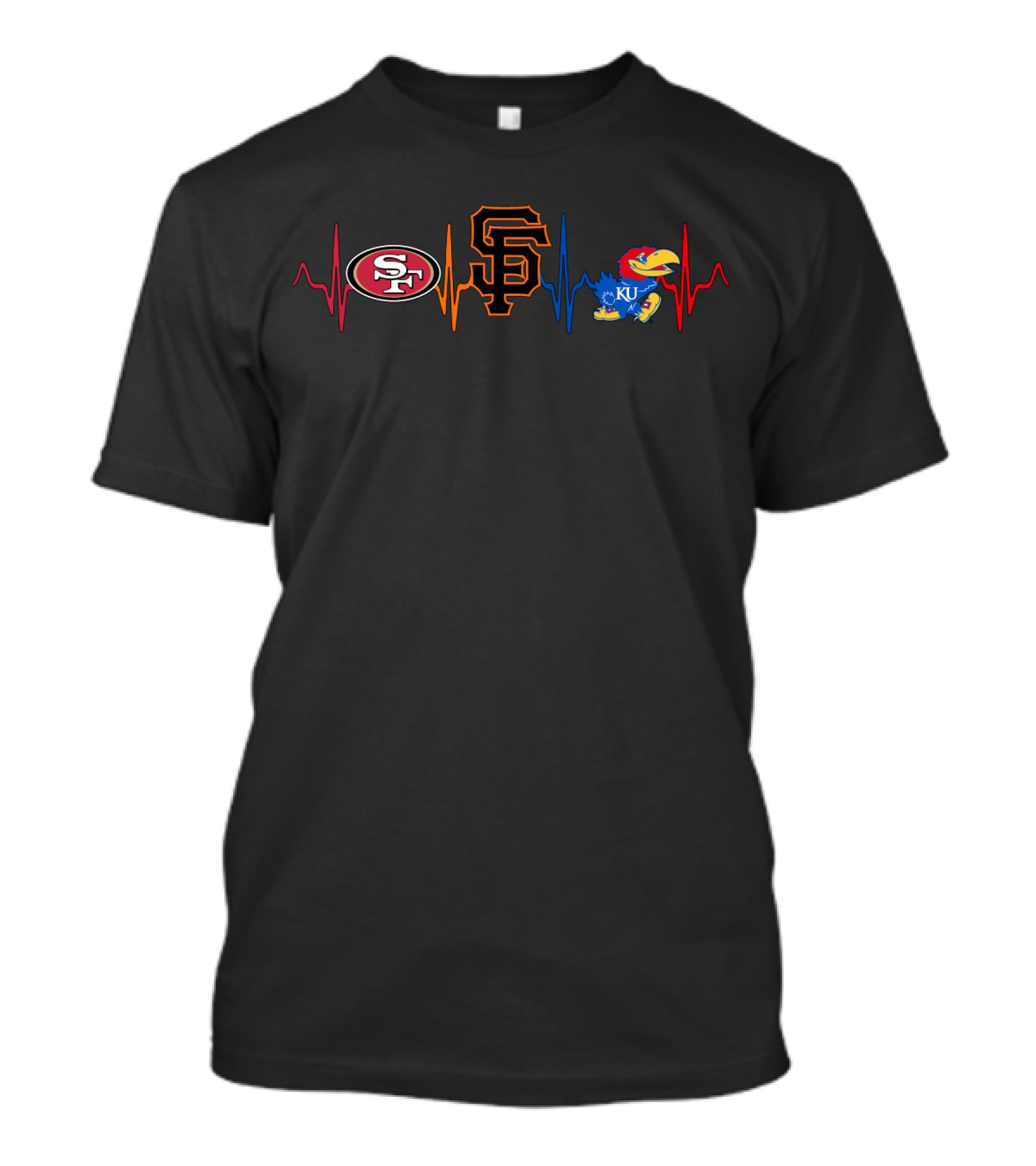 Love San Francisco 49ers Sf Giants Ku Jayhawks Heartbeat T-Shirt