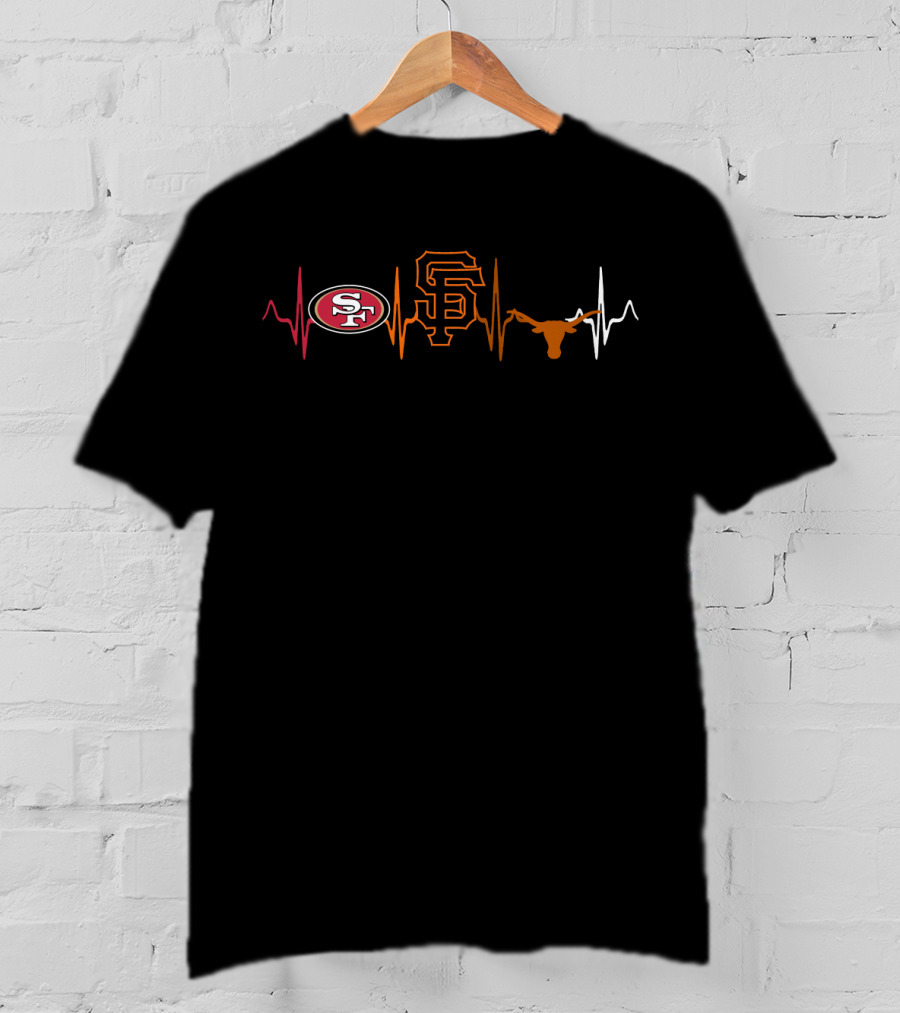 Love 49ers Giants Texas Longhorns Logos With Heartbeat Lines T-Shirt