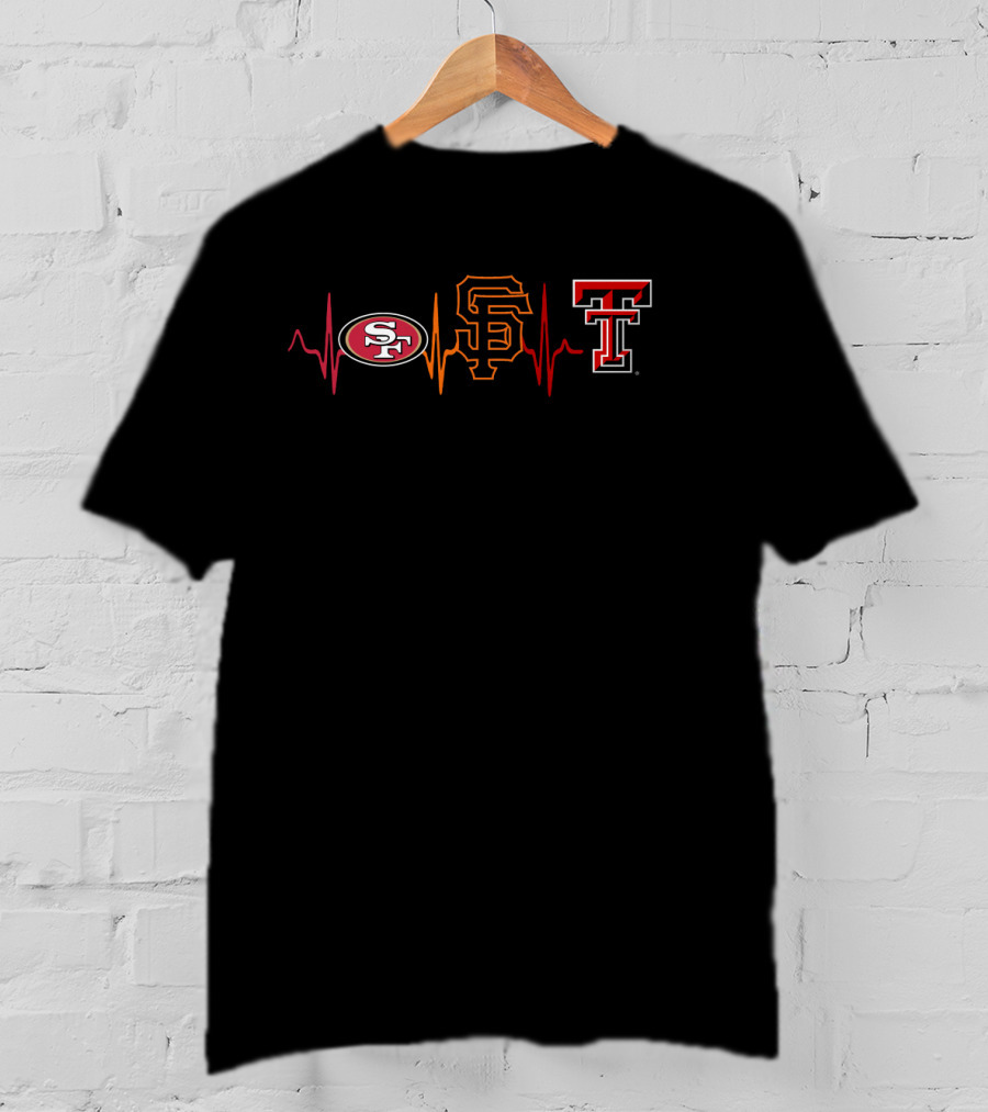 Love 49ers Giants Tech Red Raiders Heartbeat T-Shirt