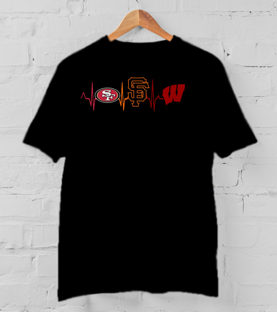 Love 49ers Giants Wisconsin Badgers Logos With Heartbeat Lines T-Shirt
