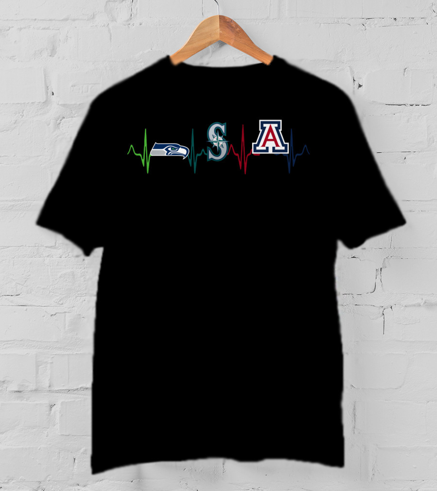 Seahawks Mariners Arizona Wildcats Heartbeat Logos T-Shirt