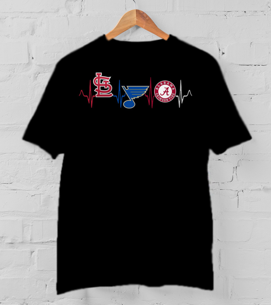 Love St. Louis Cardinals Blues Alabama Crimson Tide Heartbeat T-Shirt