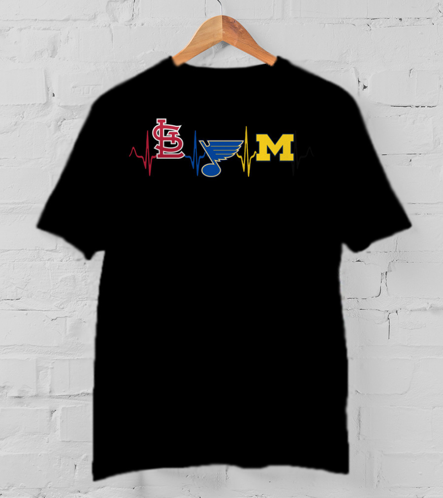 Love St. Louis Cardinals Blues Michigan Wolverines Heartbeat T-Shirt