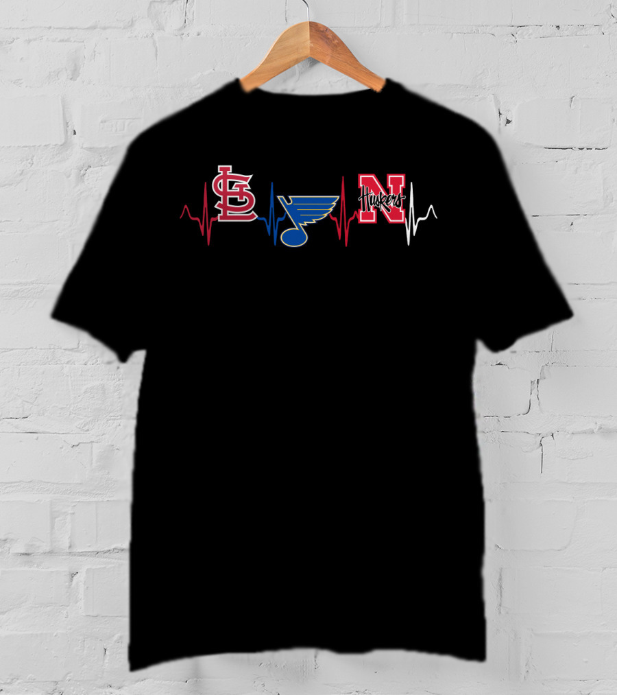 Love St. Louis Cardinals Blues Nebraska Cornhuskers Heartbeat T-Shirt