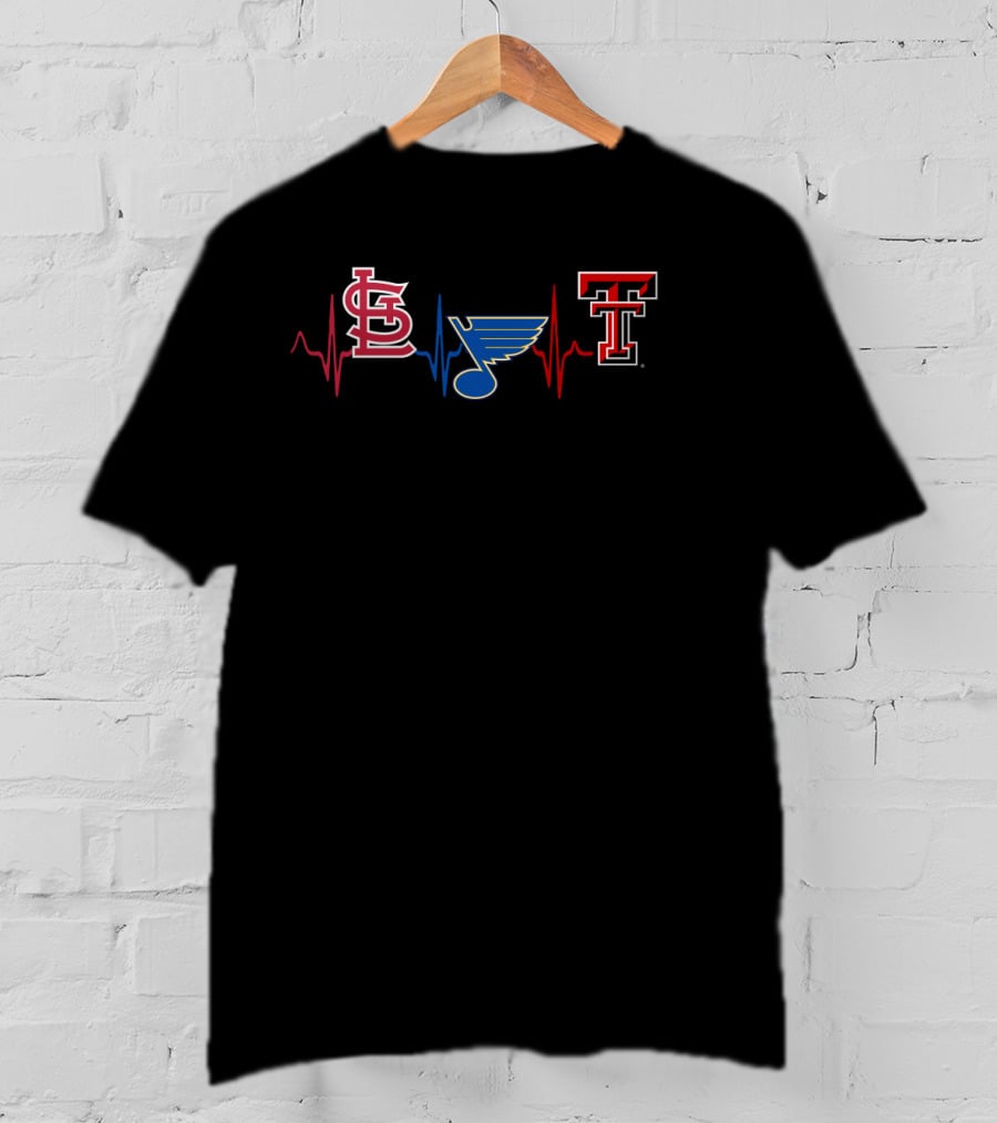 Love St. Louis Cardinals Blues Texas Tech Red Raiders Heartbeat T-Shirt
