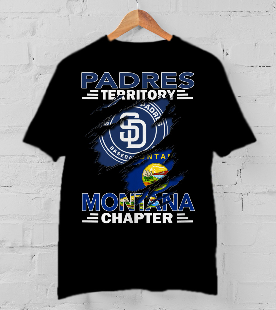 Padres Territory Montana Chapter SD Baseball Logo And Montana Flag Burst T-Shirt