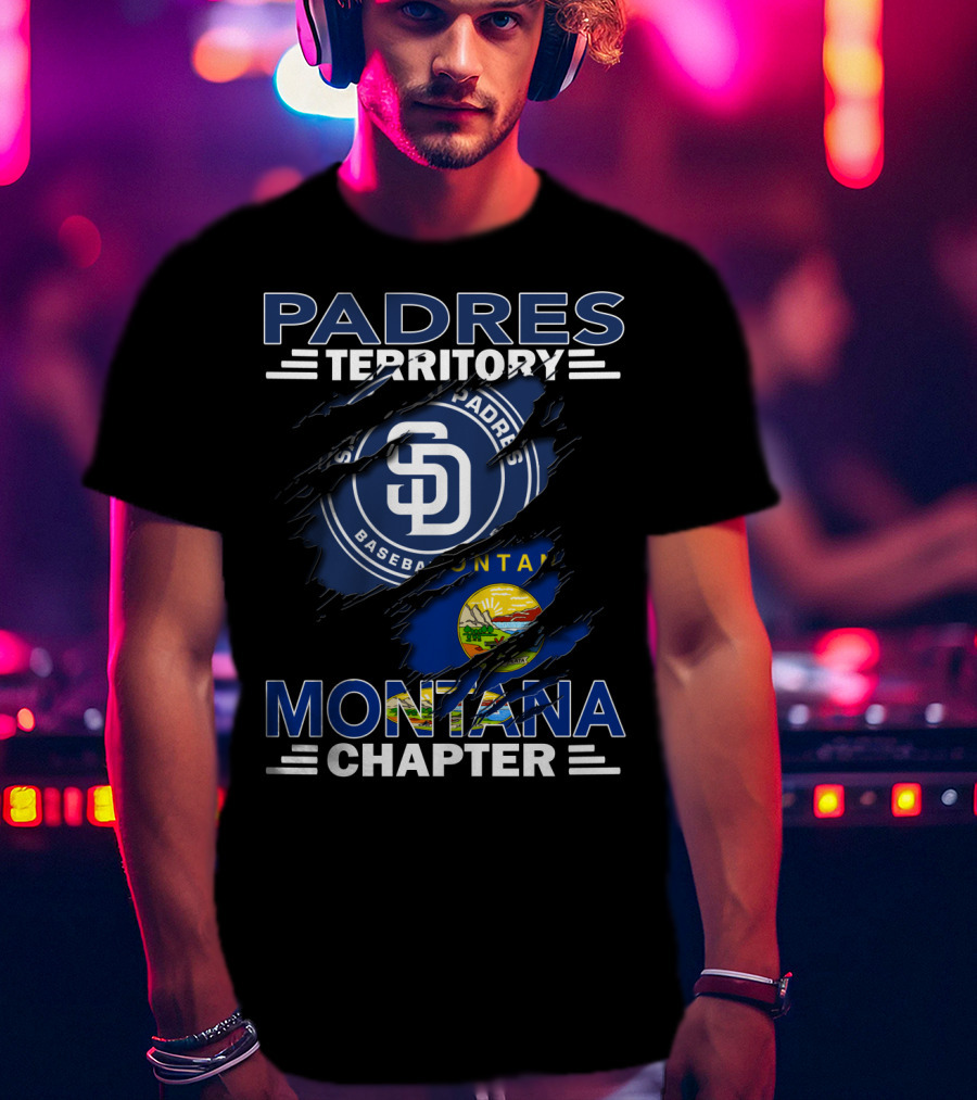 Padres Territory Montana Chapter SD Baseball Logo And Montana Flag Burst T-Shirt