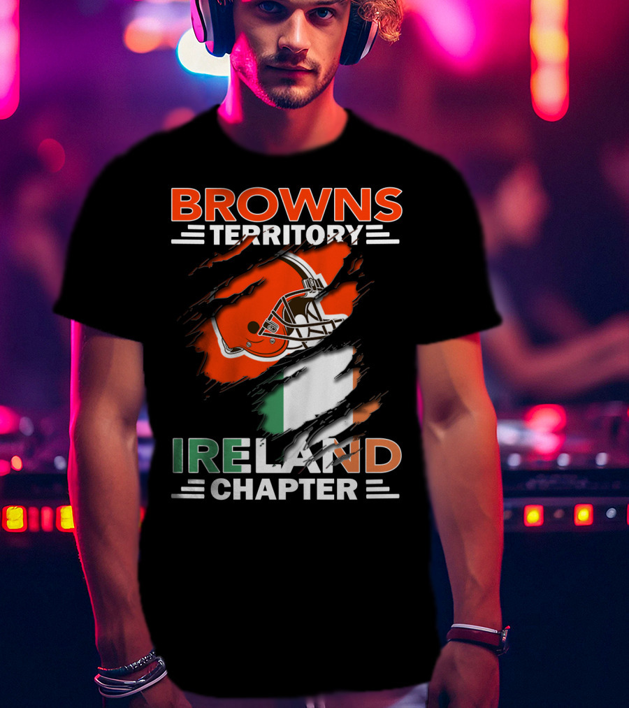 Browns Territory Ireland Chapter Helmet And Irish Flag Background T-Shirt