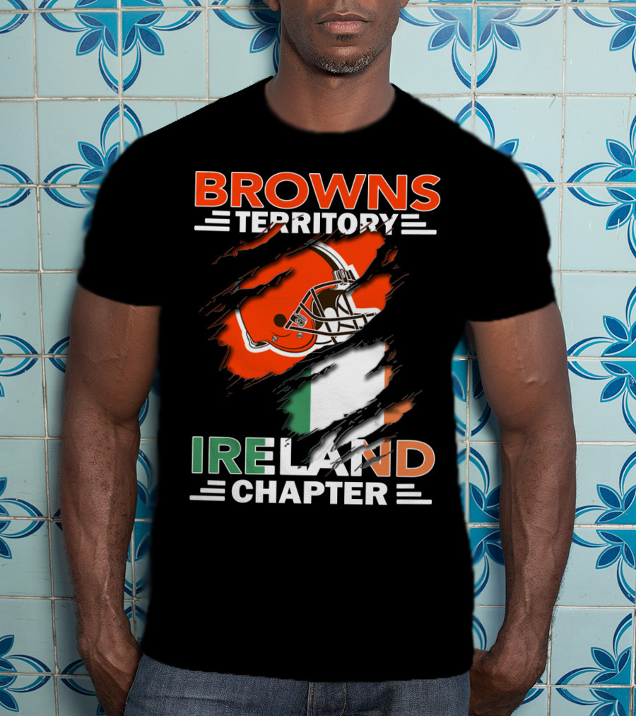 Browns Territory Ireland Chapter Helmet And Irish Flag Background T-Shirt