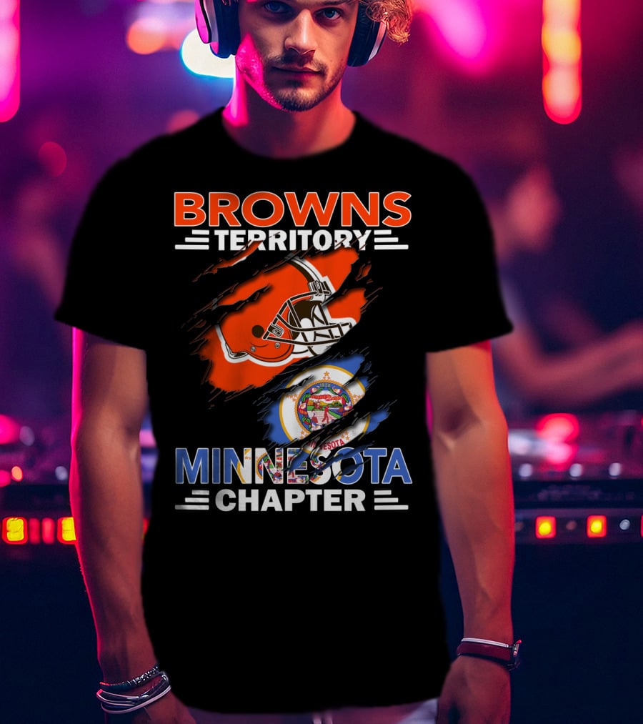 Browns Territory Minnesota Chapter Football Helmet And State Emblem Orange Black Blue Bar Logo Team Flag T-Shirt