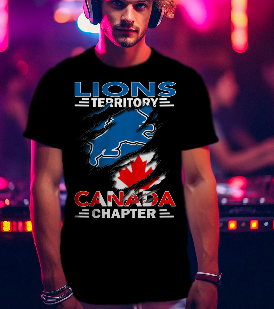 Lions Territory Canada Chapter Blue Lion Silhouette Red Maple Leaf T-Shirt