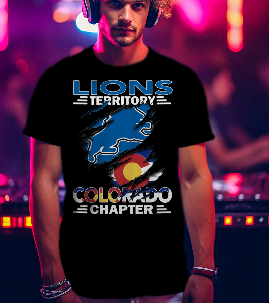 Lions Territory Colorado Chapter Blue Lion And Colorado Flag T-Shirt