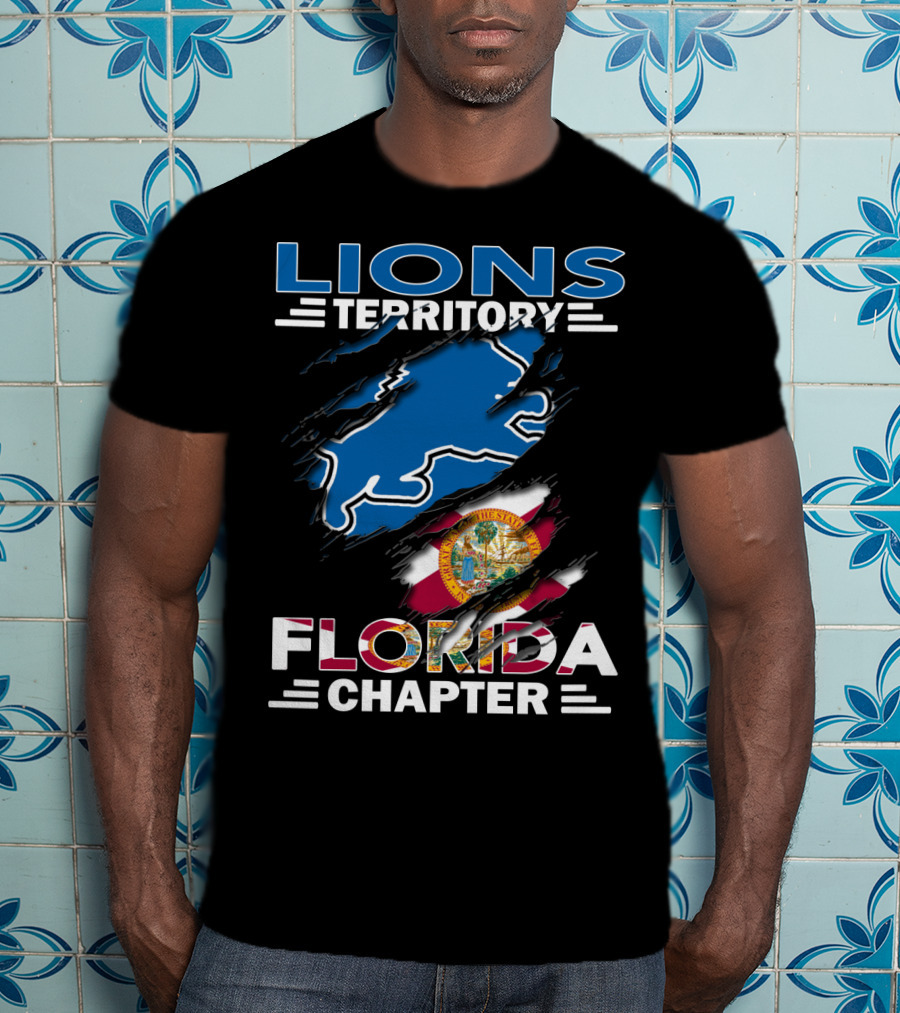 Lions Territory Florida Chapter Blue Lion Outline With Florida State Flag Tear T-Shirt