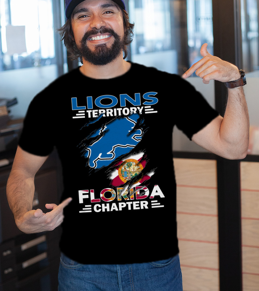 Lions Territory Florida Chapter Blue Lion Outline With Florida State Flag Tear T-Shirt