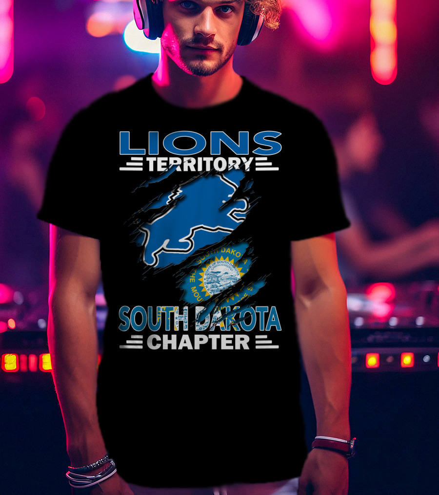 Lions Territory South Dakota Chapter State Emblem And Blue Lion T-Shirt