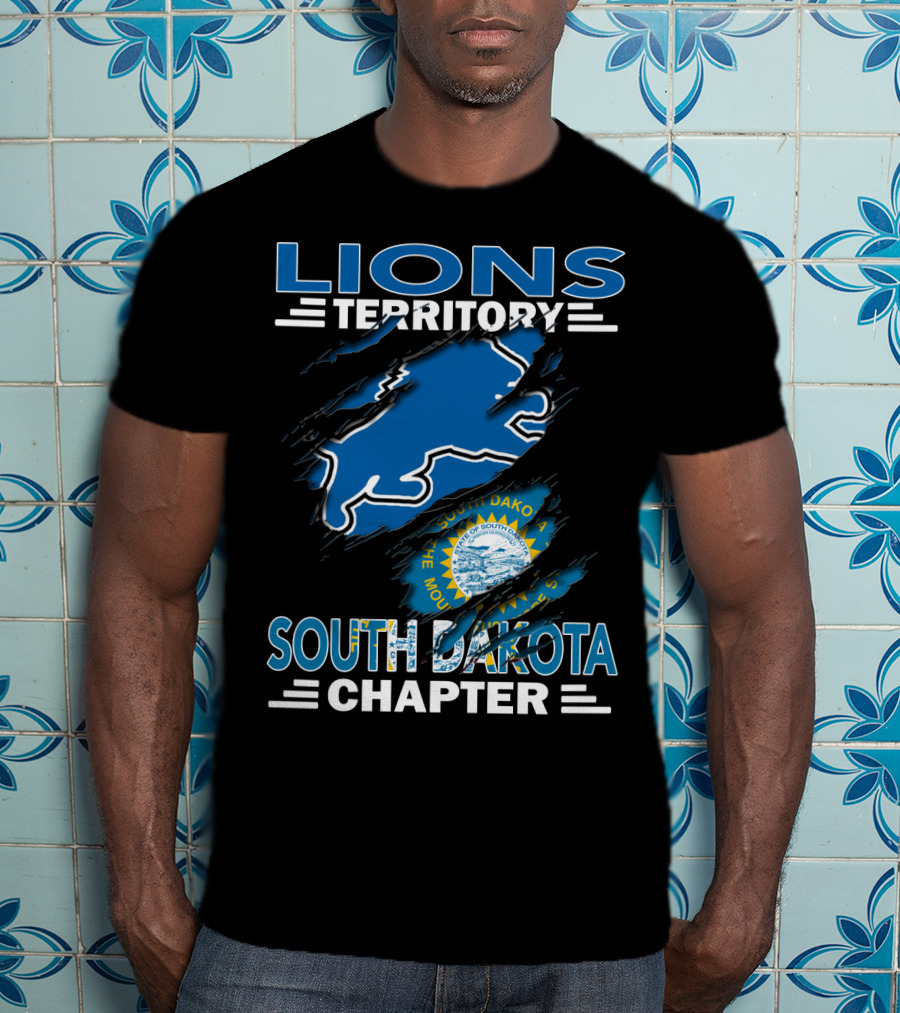Lions Territory South Dakota Chapter State Emblem And Blue Lion T-Shirt