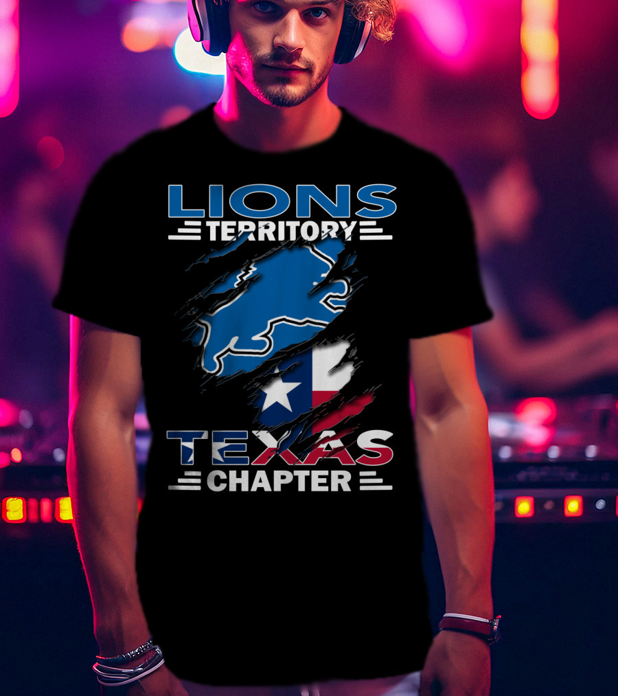 Lions Territory Texas Chapter Blue Lion Outline Texas Flag T-Shirt