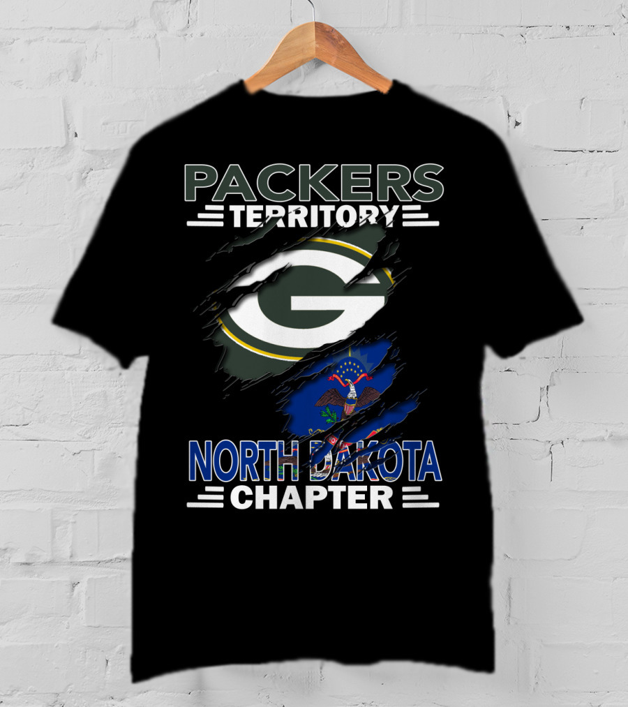 Packers Territory North Dakota Chapter Torn Green Bay G Logo And State Flag T-Shirt