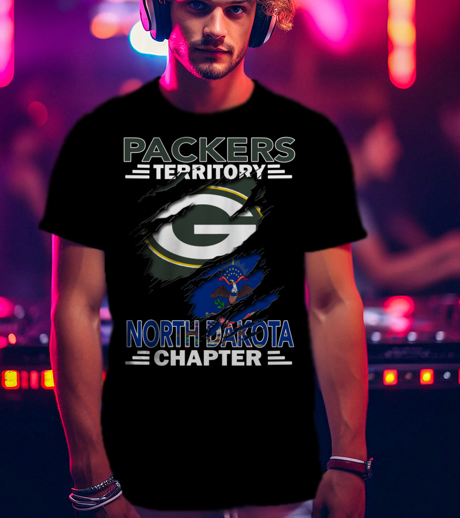Packers Territory North Dakota Chapter Torn Green Bay G Logo And State Flag T-Shirt