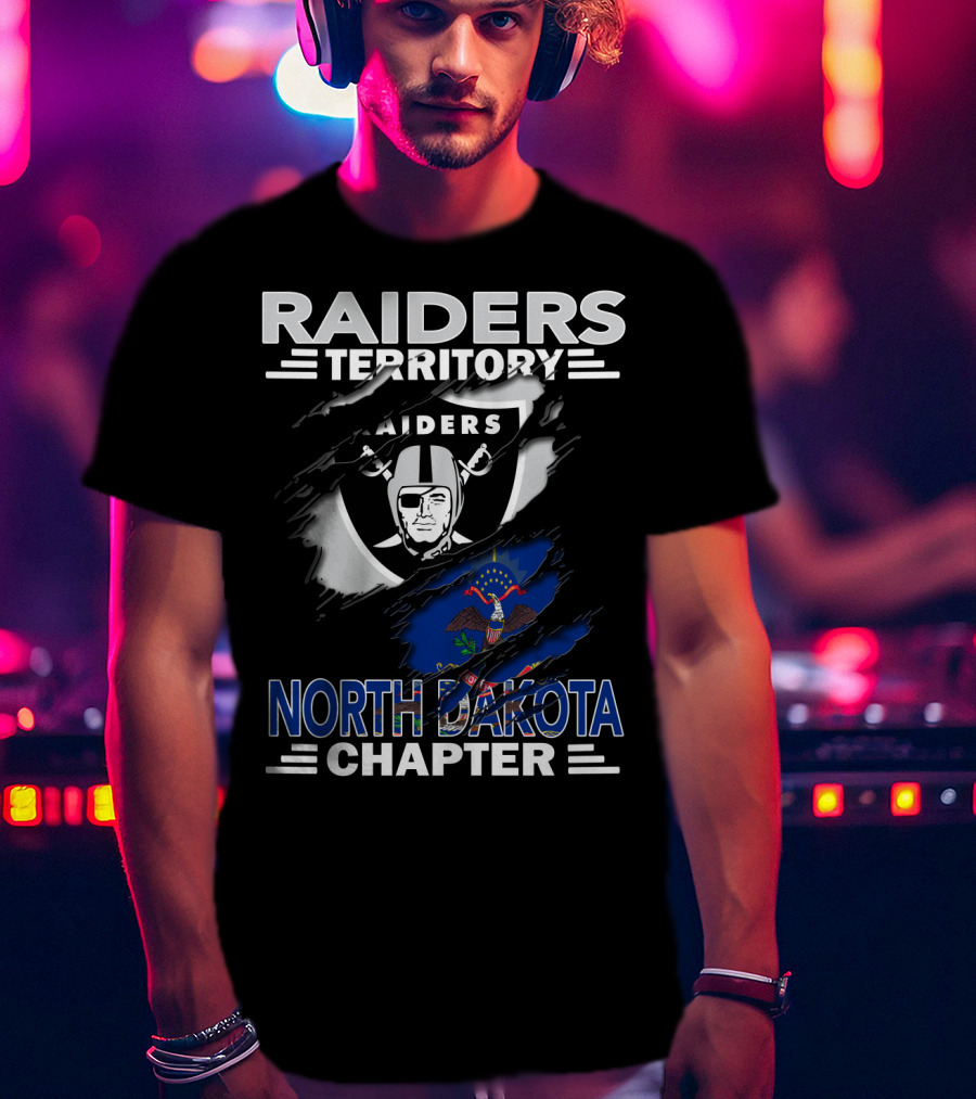 Raiders Territory North Dakota Chapter NFL Fan Club Emblem With State Flag T-Shirt
