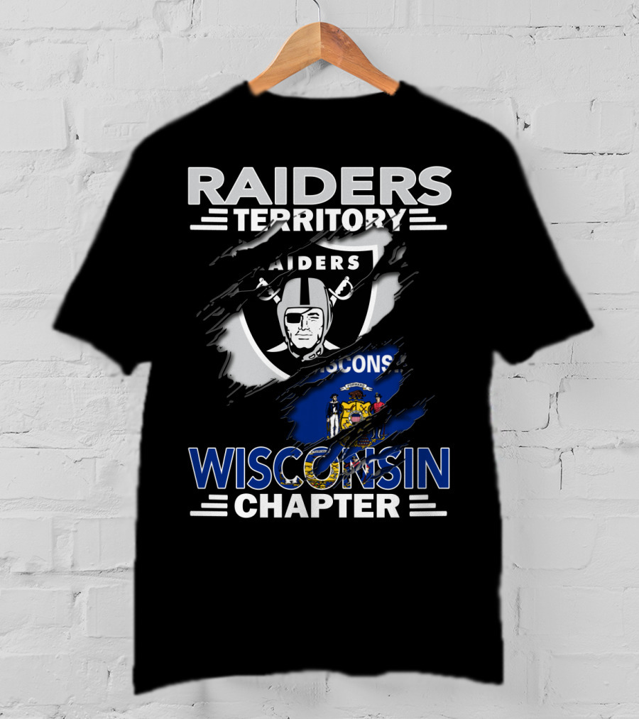 Raiders Territory Wisconsin Chapter NFL Team Fan Club Logo And State Flag Tear T-Shirt