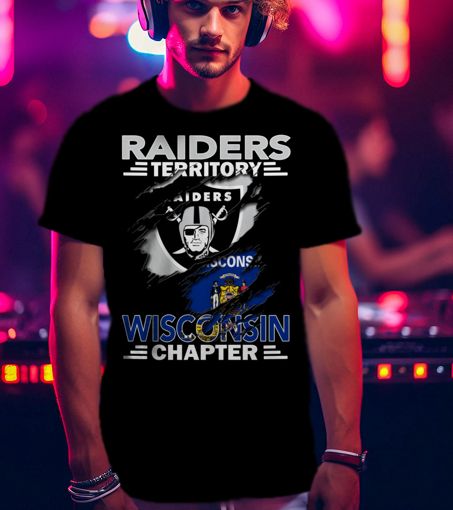 Raiders Territory Wisconsin Chapter NFL Team Fan Club Logo And State Flag Tear T-Shirt