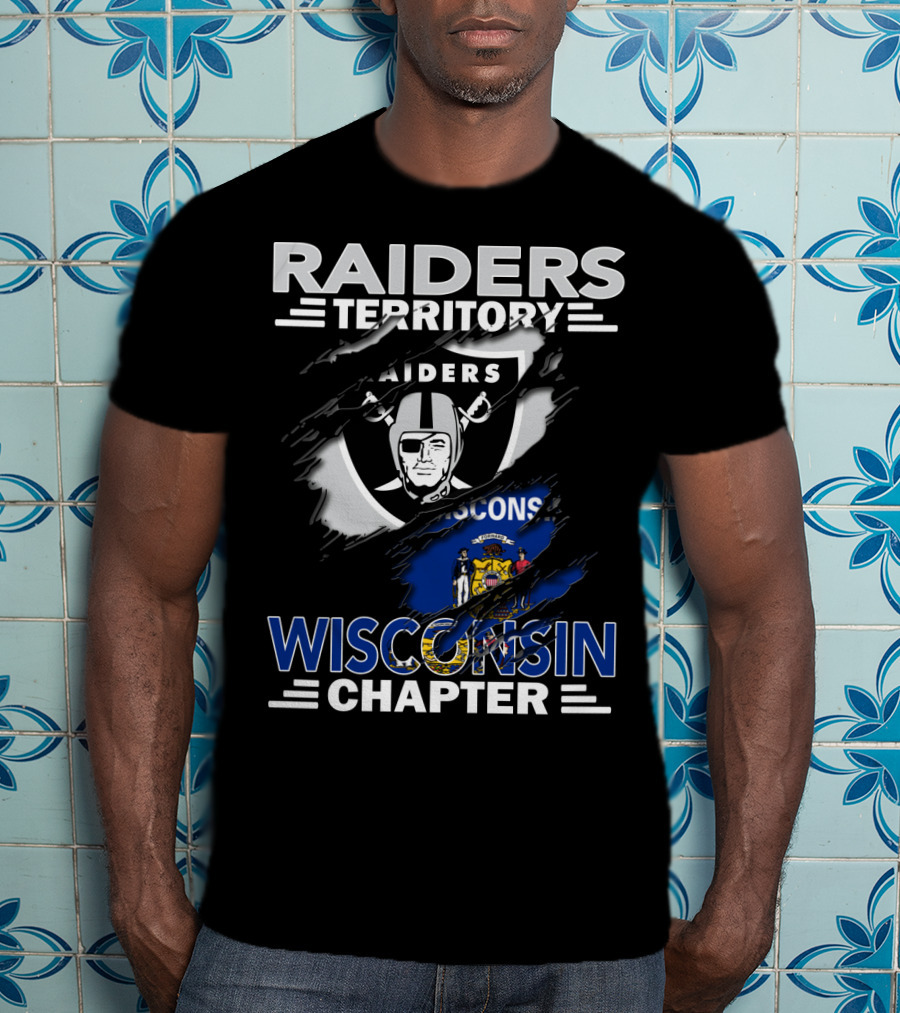 Raiders Territory Wisconsin Chapter NFL Team Fan Club Logo And State Flag Tear T-Shirt