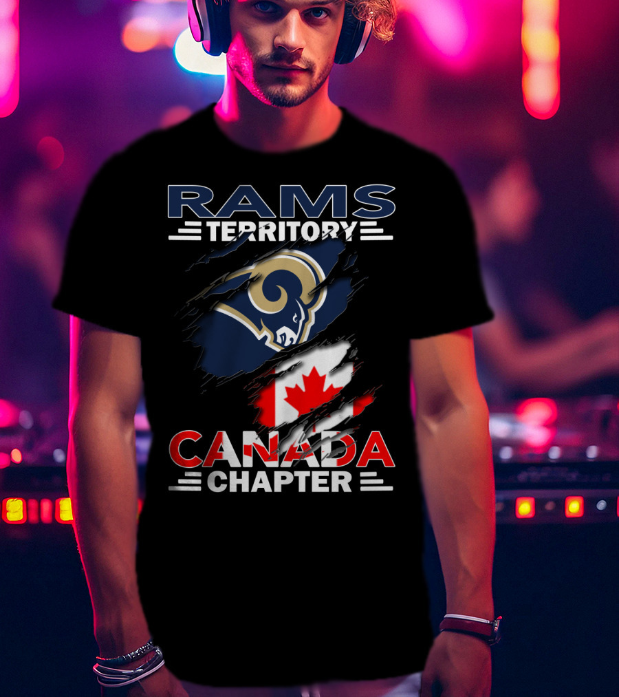 Rams Territory Canada Chapter Logo With Rams And Canadian Flag Elements T-Shirt