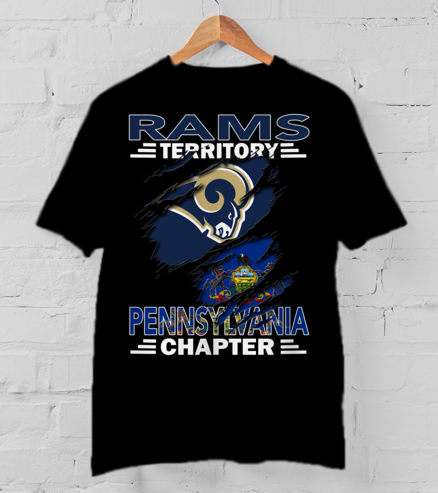 Rams Territory Pennsylvania Chapter With Blue And White Ram Logo And Pennsylvania State Flag Background T-Shirt