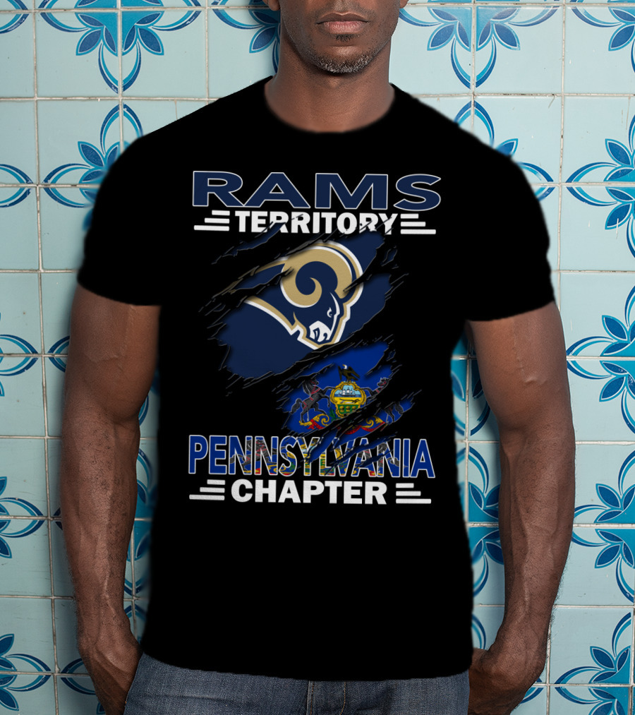 Rams Territory Pennsylvania Chapter With Blue And White Ram Logo And Pennsylvania State Flag Background T-Shirt