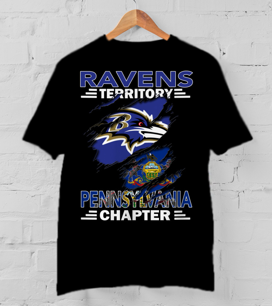 Ravens Territory Pennsylvania Chapter Baltimore Football Fan Club With Pennsylvania State Flag And Tattered Effect T-Shirt