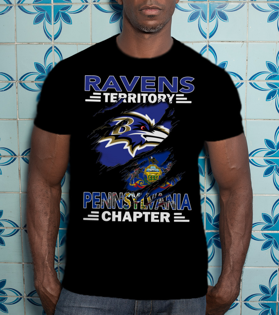 Ravens Territory Pennsylvania Chapter Baltimore Football Fan Club With Pennsylvania State Flag And Tattered Effect T-Shirt
