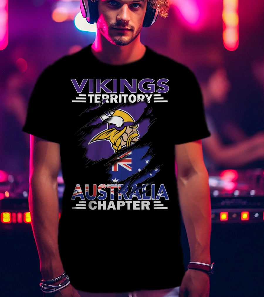 Vikings Territory Australia Chapter With Scandinavian Warrior And Australian Flag Elements T-Shirt