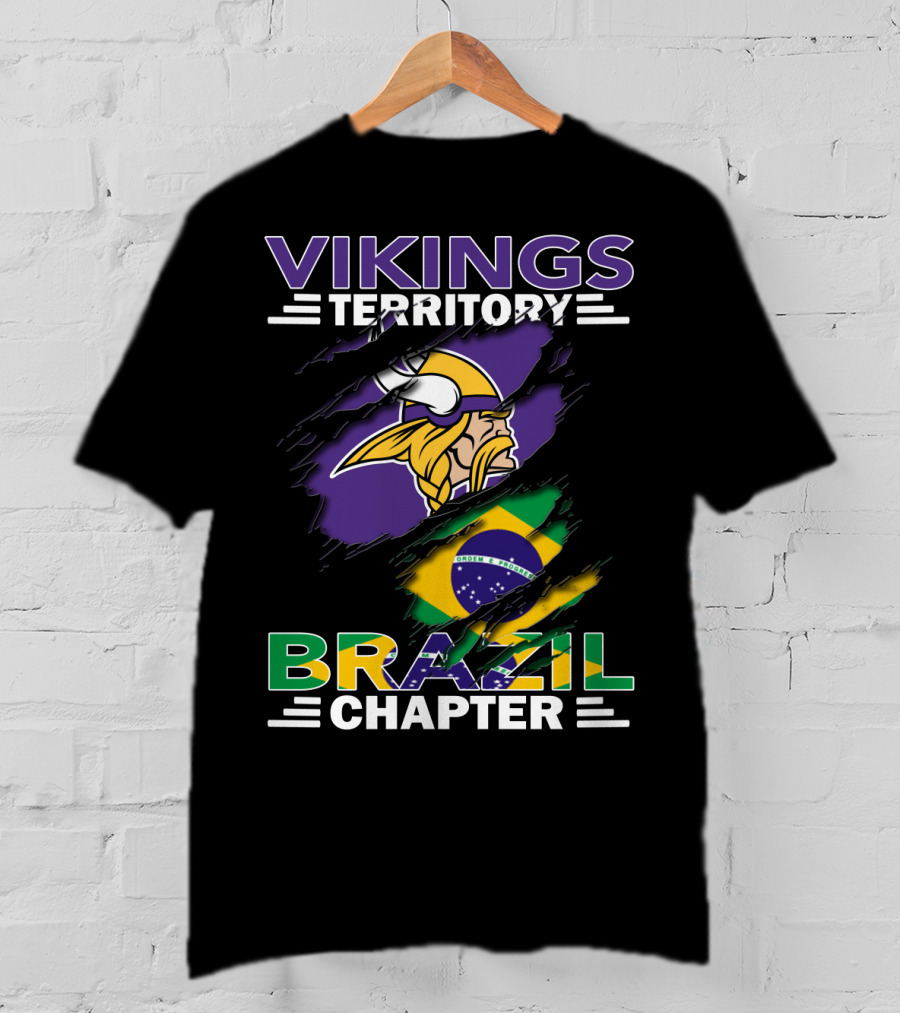 Vikings Territory Brazil Chapter Purple Gold Logo And Brazilian Flag Fusion T-Shirt